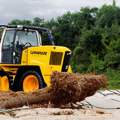 Prompt: lorenzo jovanotti on a bulldozer tearing down trees on a beach