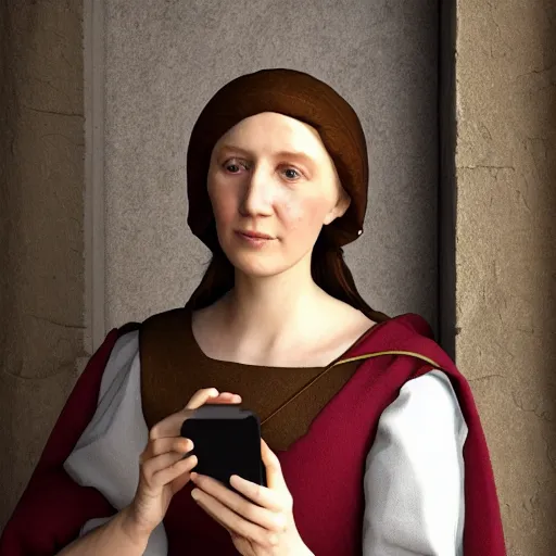 Image similar to 1 4 th century woman!!!! with an iphone in her hand, 4 k, 8 k, photorealistic imagery