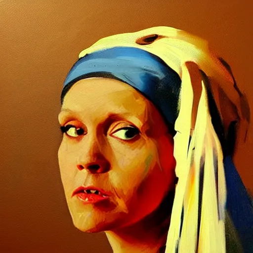 Image similar to greg manchess portrait painting of the girl with the pearl earring with the face of carrie fisher, medium shot, asymmetrical, profile picture, organic painting, sunny day, matte painting, bold shapes, hard edges, street art, trending on artstation, by huang guangjian and gil elvgren and gerald brom