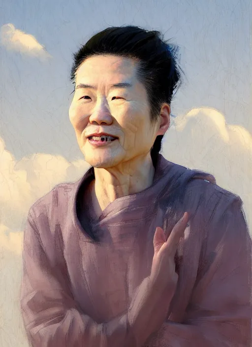 Image similar to portrait of Chin Li from League of Legends practicing, countryside, calm, fantasy character portrait, dynamic pose, above view, sunny day, thunder clouds in the sky, artwork by Jeremy Lipkin and Giuseppe Dangelico Pino and Michael Garmash and Rob Rey and Jean Giraud, very coherent asymmetrical artwork, sharp edges, perfect face, simple form, 100mm