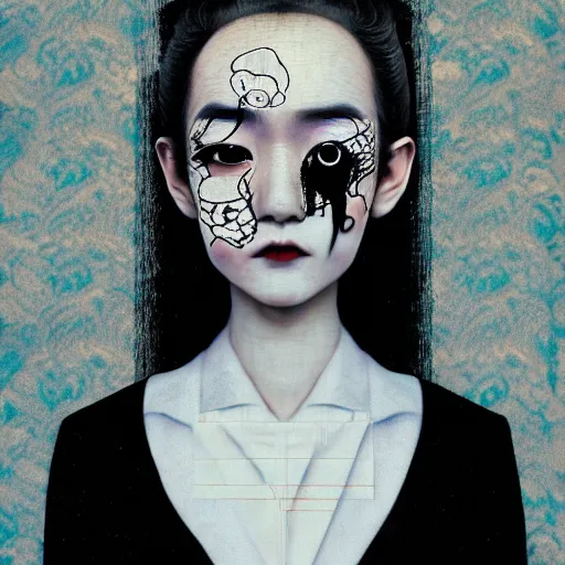 Image similar to yoshitaka amano blurred and dreamy realistic three quarter angle portrait of a young woman with black lipstick and black eyes wearing dress suit with tie, junji ito abstract patterns in the background, satoshi kon anime, noisy film grain effect, highly detailed, renaissance oil painting, weird portrait angle, blurred lost edges