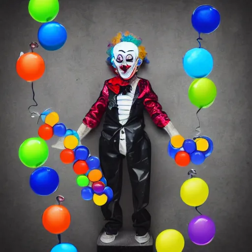 Image similar to creepy clown with colourful marbles and balloons, realistic, 8k, high quality, sharp