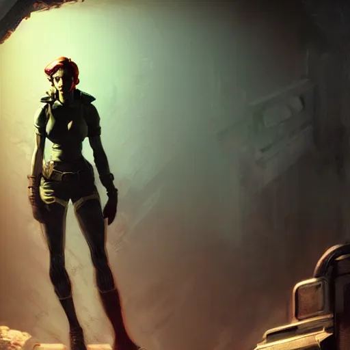 Image similar to fallout 5 concept art, female protagonist and feline companion, atmospheric lighting, painted, intricate, volumetric lighting, beautiful, gritty, rich deep colours masterpiece, sharp focus, ultra detailed by jack kirby, ignacio fernandez rios, thierry doizon