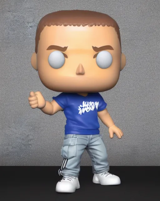 Image similar to full body 3 d render of eminem as a funko pop, studio lighting, white background, blender, trending on artstation, 8 k, highly detailed