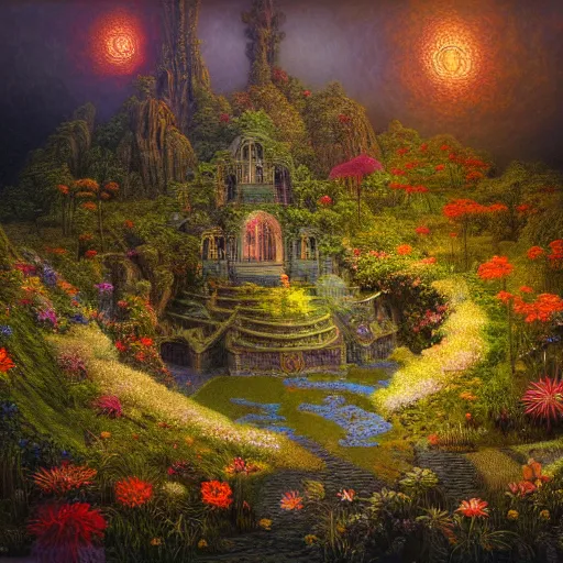 Prompt: Photorealistic Heavenly Garden in the style of Michael Whelan and Gustave Dore. Hyperdetailed photorealism, 108 megapixels, amazing depth, glowing rich colors, powerful imagery, psychedelic Overtones, 3D finalrender, 3d shading, cinematic lighting, artstation concept art