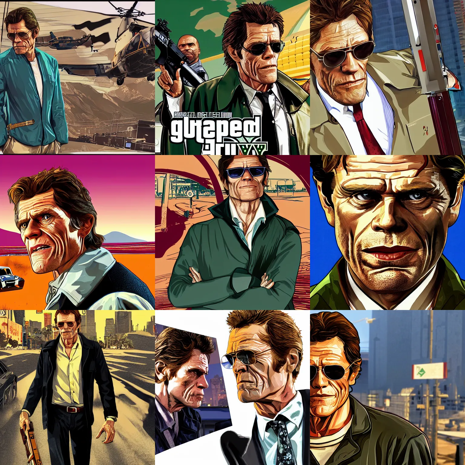 Prompt: willem dafoe in gta v promotional art by stephen bliss, no text, very detailed, professional quality