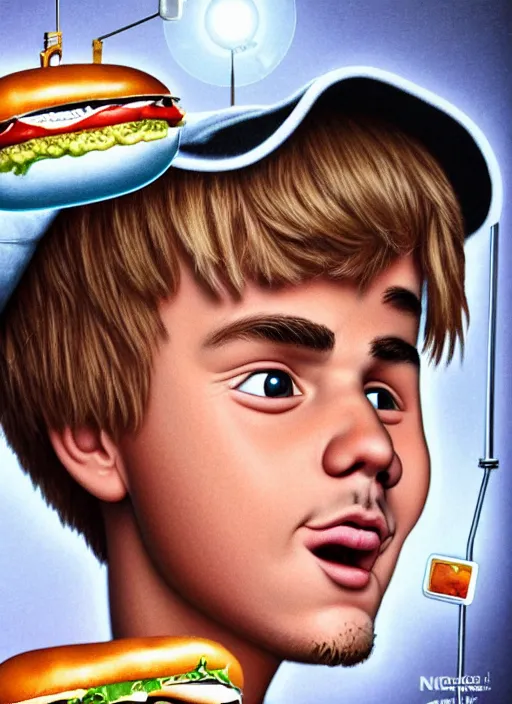 Image similar to highly detailed closeup, face profile portrait of justin bieber as a tin toy scientist wearing a tinfoil hat eating a hamburger, unreal engine, nicoletta ceccoli, mark ryden, earl norem, lostfish, global illumination, detailed and intricate environment