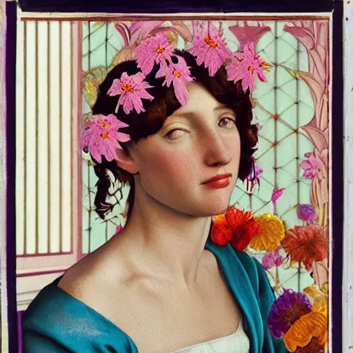 Image similar to a lot of flowers morphing in a beautiful girls face, film still by wes anderson, depicted by pontormo, limited color palette, very intricate, art nouveau, highly detailed, lights by hopper, soft pastel colors, minimalist