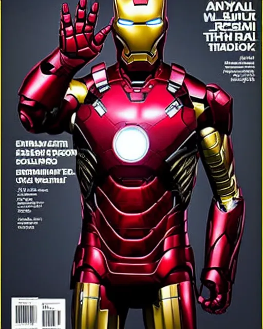 Image similar to ryan reynolds wearing an iron man suit without the mask, magazine cover, dramatic, studio lighting, photoshoot