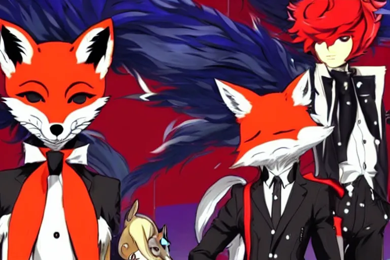 Image similar to a furry tan male fox on a persona 5 : royal ( by atlus ) video game splash screen, a furry male sandcolored tan fox fursona ( has hair ), persona 5 phantom thief style