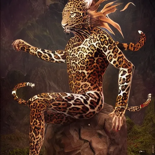 Prompt: the trickster is the god of chance and change. he is the god of adventure and excitement. the trickster is a male god, and he is usually depicted as a man wearing a leopard skin. highly detailed and intricate 8 k concept fantasy art illustration