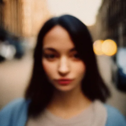 Prompt: analog close up frontal face portrait photography of a beautiful woman in london. 8 5 mm lens. kodak portra 8 0 0 film photography. pastel lighting soft colors. popular on instagram. depth of field. heavy film grain. filmic. dreamy. lens flare