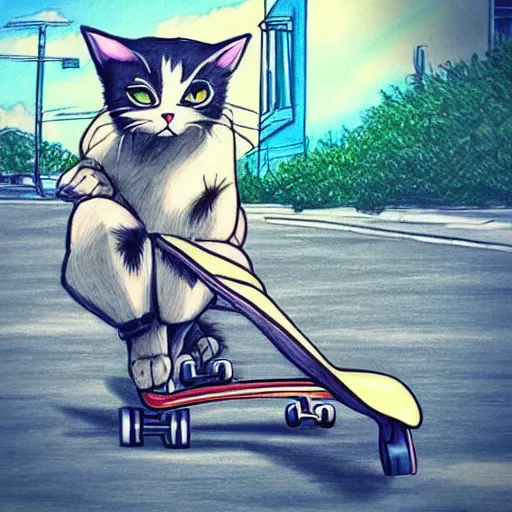 Prompt: “an anime drawing of a cat riding a skateboard in vasastan”