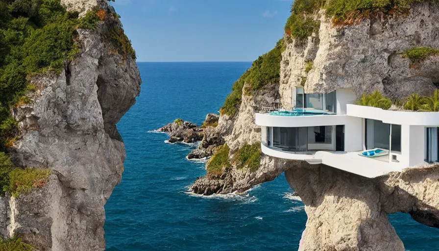 Image similar to modern house perched on a cliff overlooking a magnificient bay, raphael lacoste