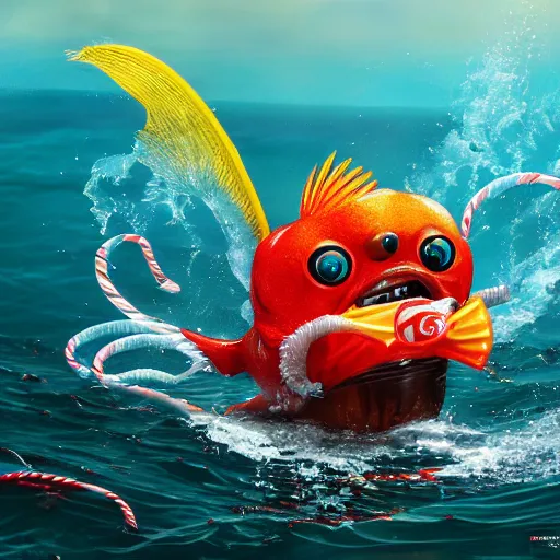 Image similar to gizmo goes deep sea fishing in a sportfisherman boat. gizmo is fishing for swedish fish candy by using gummi worm candy as bait. photorealistic digital art, epic fantasy, dramatic lighting, cinematic, extremely high detail, cinematic lighting, trending, artstation, cgsociety, 3 d ue 5, 4 k, hq