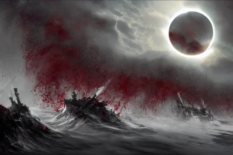 Prompt: concept art of realistic blood tsunami crash to city center in the middle of eclipse, artstation, old testament angels with 10 eyes rise, people