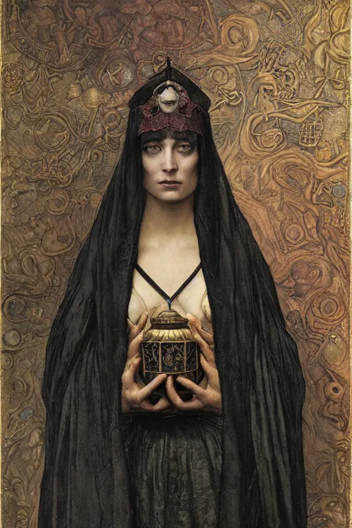 Image similar to portrait of the last goth witch with her lantern and regalia, by Annie Swynnerton and Nicholas Roerich and John Bauer and John William Godward and Donato Giancola and Vermeer, black leather and embroidered velvet, iridescent beetles, rich color, ornate headdress, flowing robes, lost runes, ancient civilizations, dramatic cinematic lighting, featured on Artstation, extremely detailed