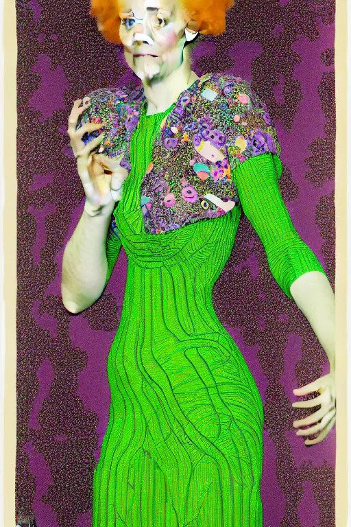 Prompt: full body portrait of a young pale woman with lilac hair, wearing a neon green dress by Vivienne Westwood, intricate details, super-flat, in the style of James Jean, Jean Auguste Dominique Ingres, Gustav Klimt, black background