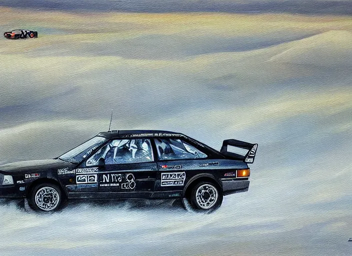 Prompt: Audi Quattro Sport racing across Nebraska landscape dusty epic painting