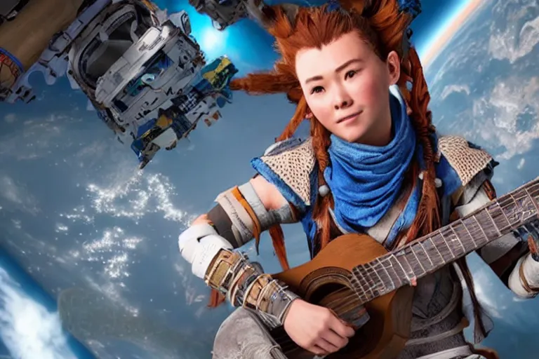 Image similar to aloy from the horizon zero dawn videogame playing the guitar in the international space station