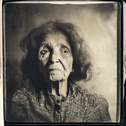 Prompt: tintype photograph, old woman, millennial woman elderly, 2 0 9 0 s, post - nuclear town