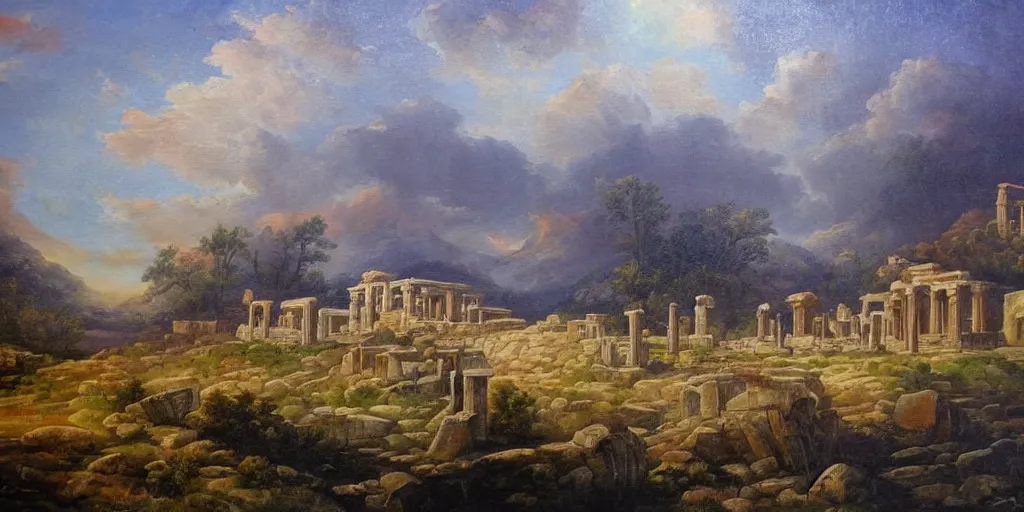 Image similar to stunning landscape painting of an ancient city