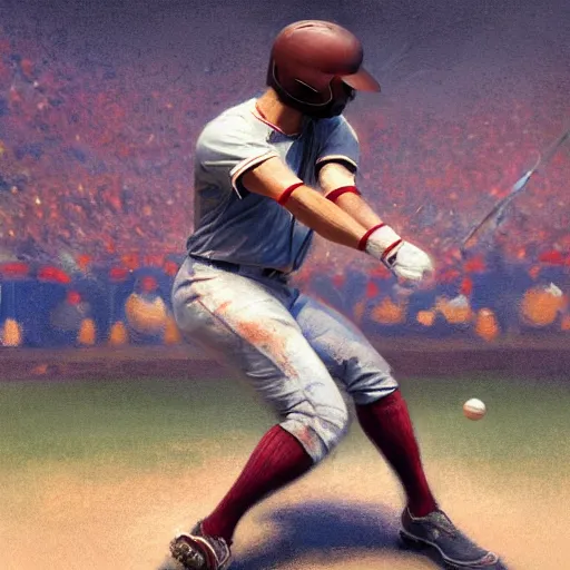 Image similar to baseball player hitting the ball with the baseball bat in the middle of the game and in front of everyone in the stadium, james gurney painting style, greg rutkowski, artstation