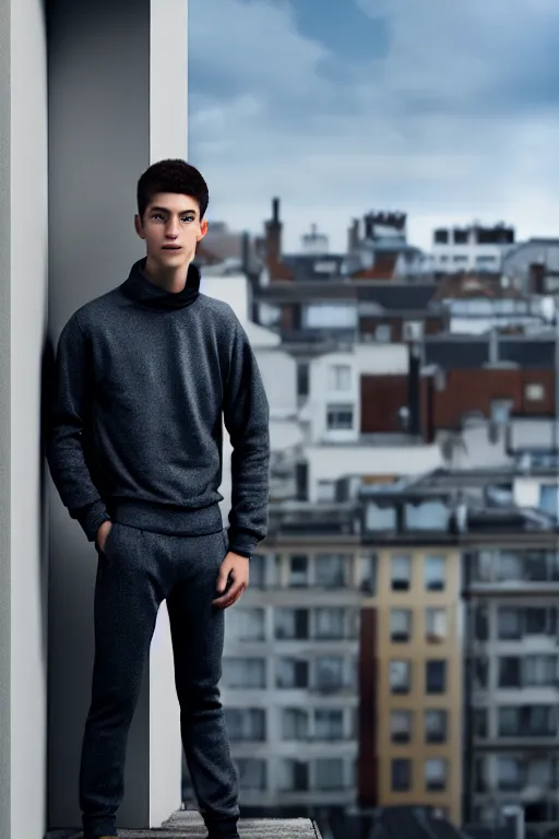 Image similar to un ultra high definition studio quality photographic art portrait of a young man standing on the rooftop of a british apartment building wearing soft padded silver pearlescent clothing. three point light. extremely detailed. golden ratio, ray tracing, volumetric light, shallow depth of field. set dressed.