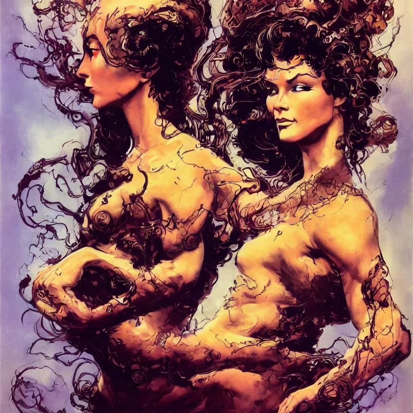 Image similar to portrait of a woman with swirling hair and fractal skin by frank frazetta, retrofuturism, psychedelic art reimagined by industrial light and magic