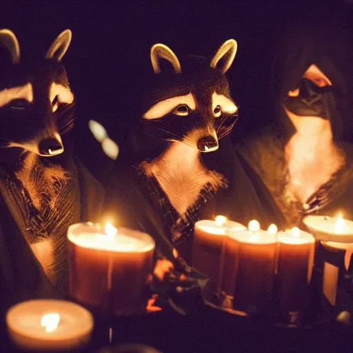 Image similar to dslr photo, a group of raccoons wearing dark cult robes perform a dark occult evil ceremony inside the secret lair of an underground mystery cult, dramatic candlelight, pentagrams, ultra - detailed, photorealistic, 4 k