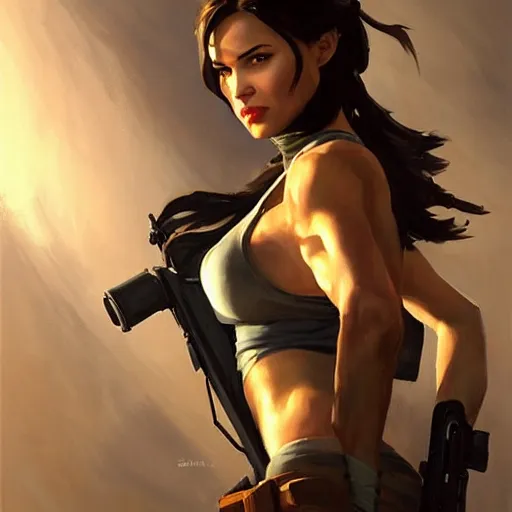 Image similar to greg manchess portrait painting of partially armored lara croft as overwatch character, medium shot, asymmetrical, profile picture, organic painting, sunny day, matte painting, bold shapes, hard edges, street art, trending on artstation, by huang guangjian and gil elvgren and sachin teng