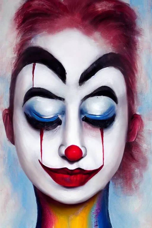 Image similar to detailed painting of a pale clown girl with messy make up