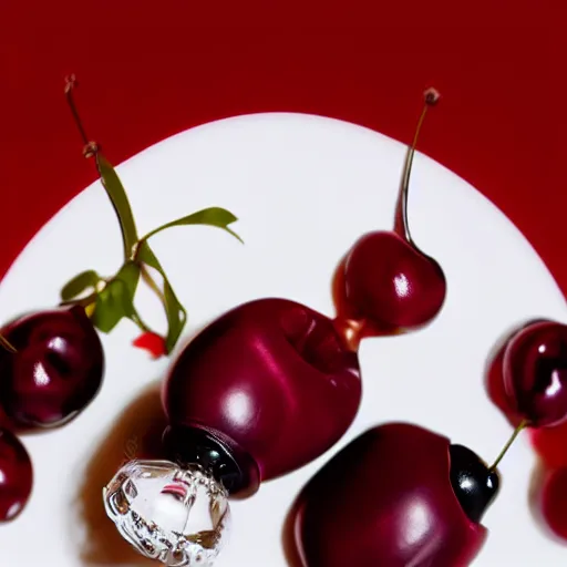 Image similar to perfume bottle surrounded by dark red cherries, softly - lit, realistic, up close shot, white background, zen, light, modern minimalist f 2 0