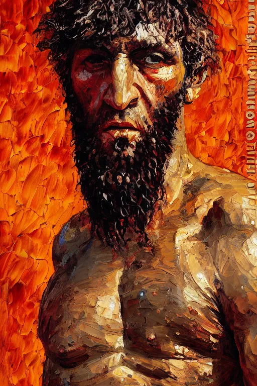 Image similar to highly detailed palette knife oil painting of a historically accurate depiction of the ancient biblical philistine giant warrior Goliath of Gath, fierce, menacing, by Peter Lindbergh, impressionistic brush strokes, painterly brushwork