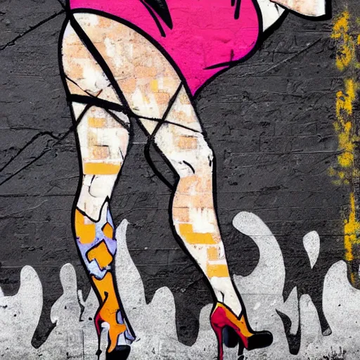 Image similar to abstract rough rugged graffiti art of a pinup girl on a black wall