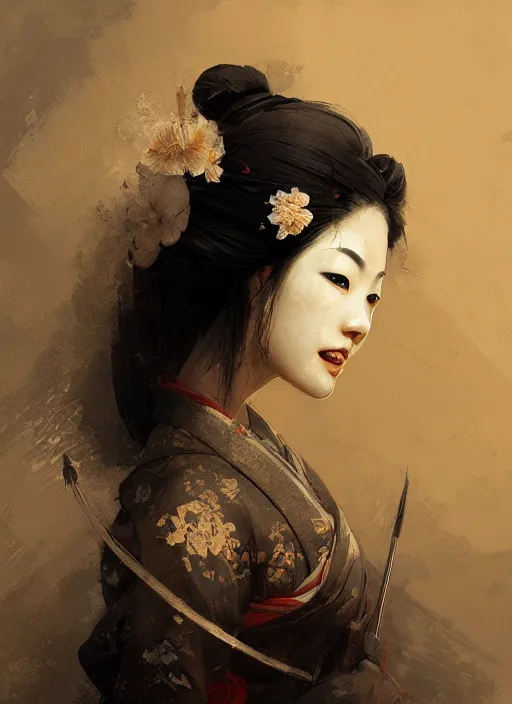 Image similar to female geisha girl, beautiful face, rule of thirds, intricate outfit, spotlight, by justin gerard, by greg rutkowski, by jeremy mann, digital painting