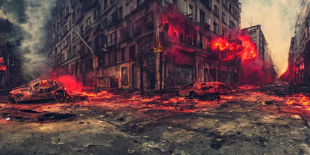 Image similar to post - apocalyptic kreuzberg streets, burned cars, explosions, colorful smoke, hyperrealistic, gritty, damaged, dark, urban photography, photorealistic, high details