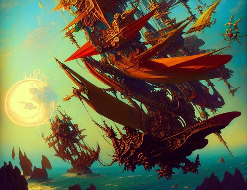 Image similar to the flying spelljammer galleon soars through the planes, amazing d & d planescape style art, trending on artstation, colorful, intricate, art by kev chan, joseph leyendecker, peter mohrbacher, ruan jia, marc simonetti, fantasypunk, deep colors, cgsociety