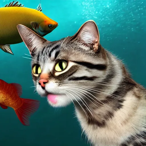 Image similar to a cat and a fish swimming together under water, photorealistic, very detailed, beautiful lighting, 4k