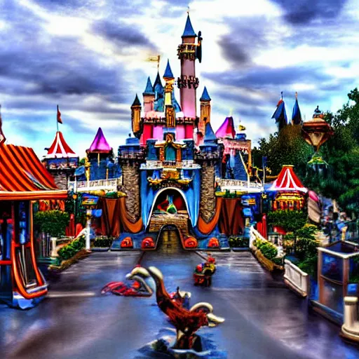 Prompt: Dixieland Chinese bootleg theme park of Disneyland, Horror, Creepy, Spooky, McDonald's haunts Dixieland, HDR, Camcorder, VHS quality,