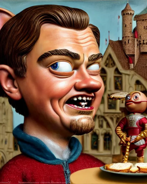 Image similar to highly detailed closeup, face profile portrait of a tin toy leonardo dicaprio as a medieval goblin eating cakes in a castle, hyper realistic, artstation, illustration, nicoletta ceccoli, mark ryden, lostfish, dan decarlo, bob clampett, max fleischer, digital paint, matte paint, vivid colors, detailed and intricate environment