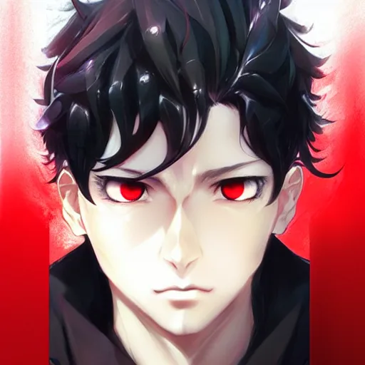 Image similar to anime portrait of a slick black hair guy with red eyes by stanley artgerm lau, wlop, rossdraws, james jean, andrei riabovitchev, marc simonetti, and sakimichan, trending on artstation