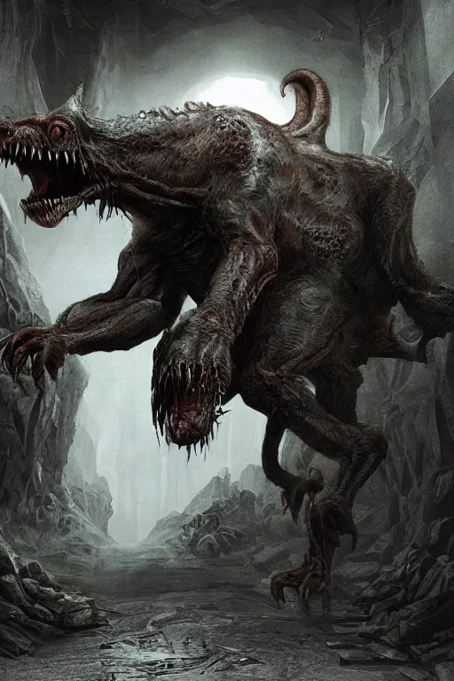 Prompt: matte painting of a huge mutated animal beast almost too large for the corridors wandering the dark corridors of a wet underground dungeon in lovecraft style