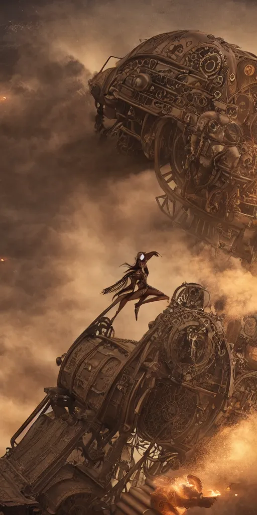 Prompt: movie frame with female riding on top of the steam punk train, provocative, armor inspired ancient aztecs and fashion, symmetrical face, epic, perfect body, award winning, establishing shot, extremely high detail, photorealistic, octane render