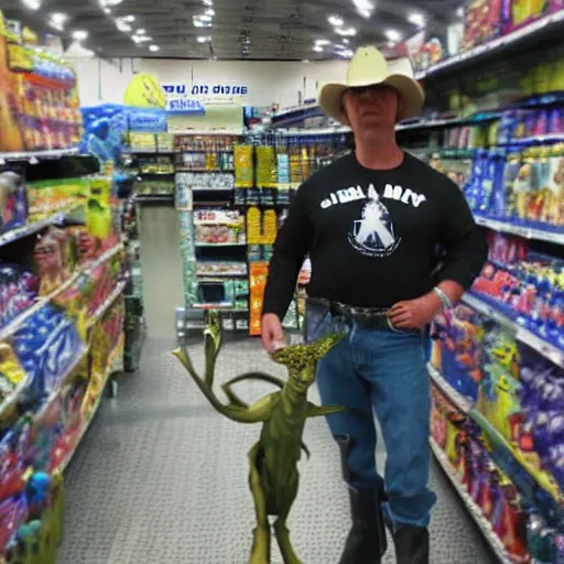 Prompt: real alien at Walmart, wearing cowboy boots, photo, photorealistic, ultra realism, intricate