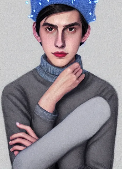 Image similar to portrait of teenage jughead jones wearing a light grey crown, crown, blue turtleneck, 1 9 5 0 s, closed eyes, photorealistic, black hair, glowing lighting, intricate, elegant, glowing lights, highly detailed, digital painting, artstation, concept art, smooth, sharp focus, illustration, art by wlop, mars ravelo and greg rutkowski