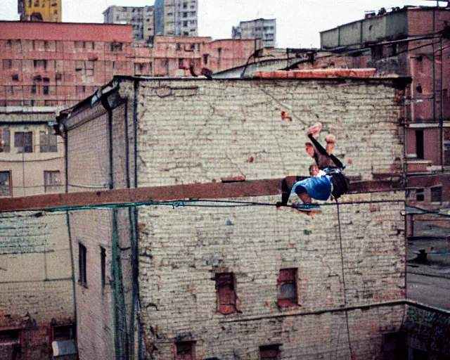 Image similar to lomo photo out of focus of roofjumpers climbing on roof of soviet hrushevka, small town, cinestill, bokeh, out of focus