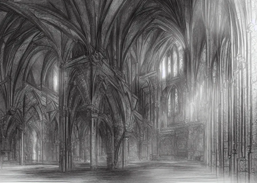 Image similar to interior of a black cathedral, pencil, concept art, detailed, 4k, artstation