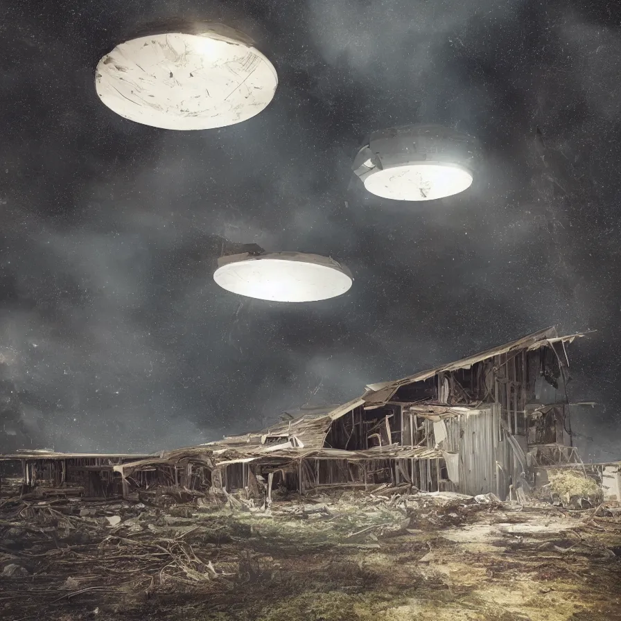 Image similar to a ufo floats over a broken barn, debris floats upwards, volumetric lighting, night, photorealistic rendering, color palette, 8 k, hyperdetailed