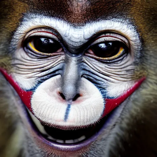 Image similar to a photo of a monkey with clown paint, sidelit, a stock photo by paul harvey, shutterstock contest winner, neo - primitivism, creative commons attribution, behance hd, freakshow